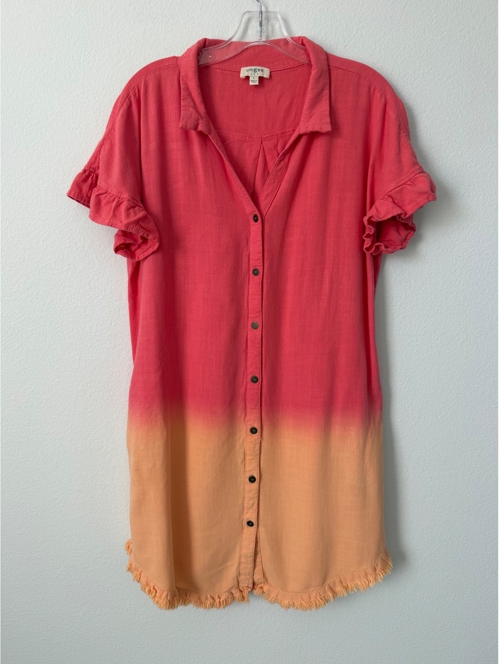 UMGEE Linen Blend Ruffled Short Sleeve V-Neck Pink/Orange Shirt Dress Size L
